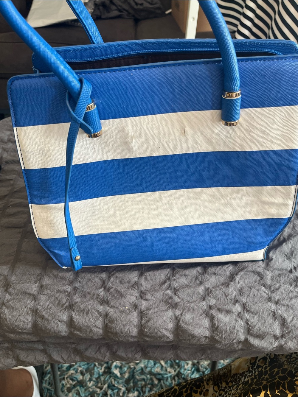 Blue and White Striped Tote Bag with Blue Handles